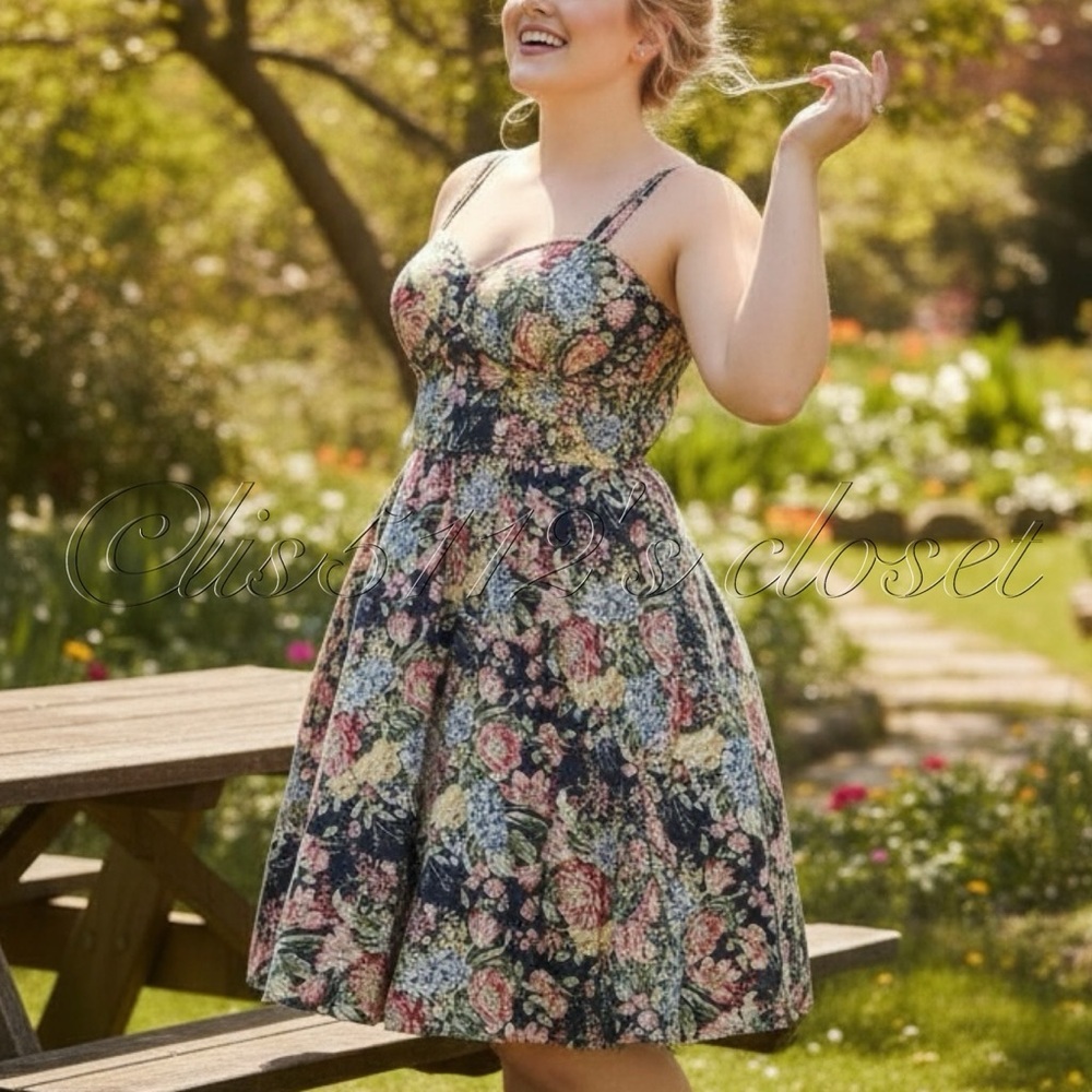 Unique Vintage Navy Garden Party Floral Print Pinup Retro Swing Dress 2X 18 - Picture 9 of 14